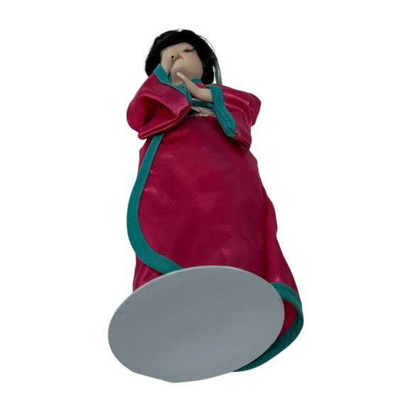 Japanese Geisha Akiko Porcelain Doll In Pink Kimono With Floral Obi & Stand - Picture 10 of 12